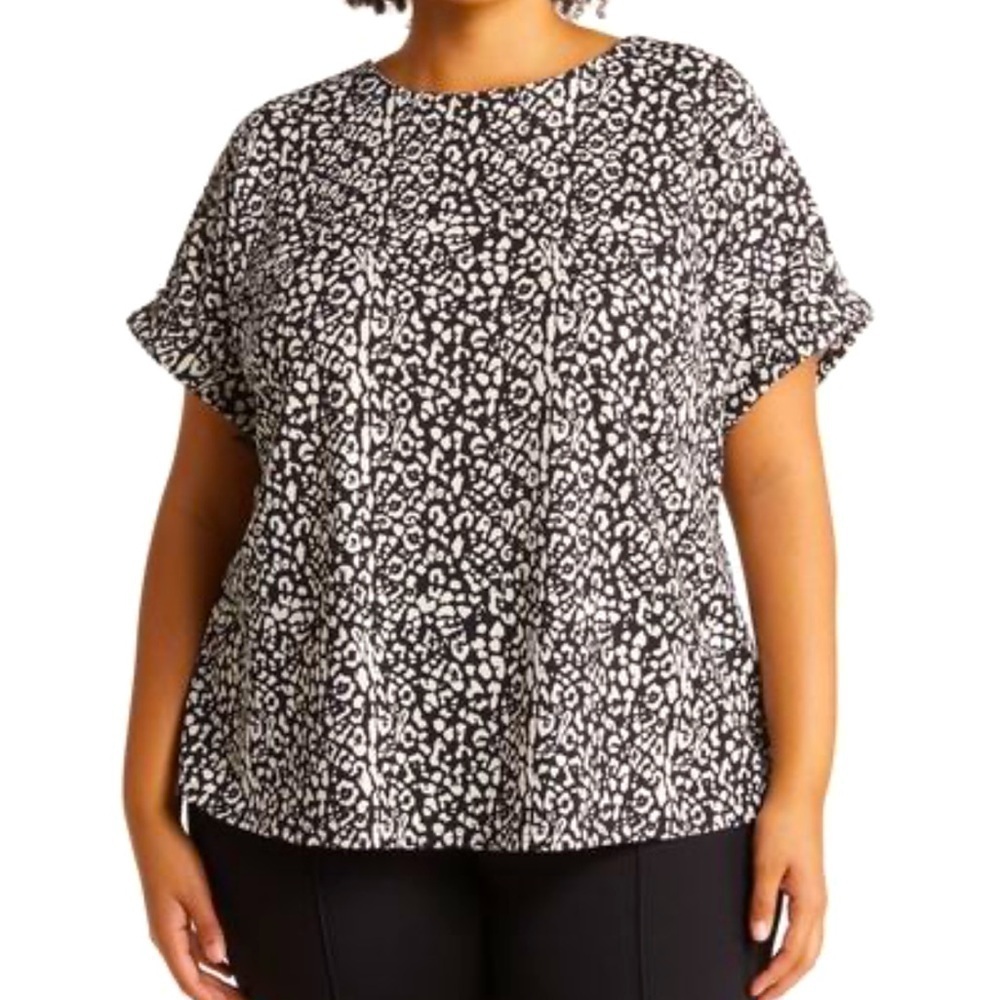 MELLODAY BLACK & WHITE ANIMAL PRIT DOLMAN SHORT ROLLED SLEEVE SCOOP NECK BLOUSE